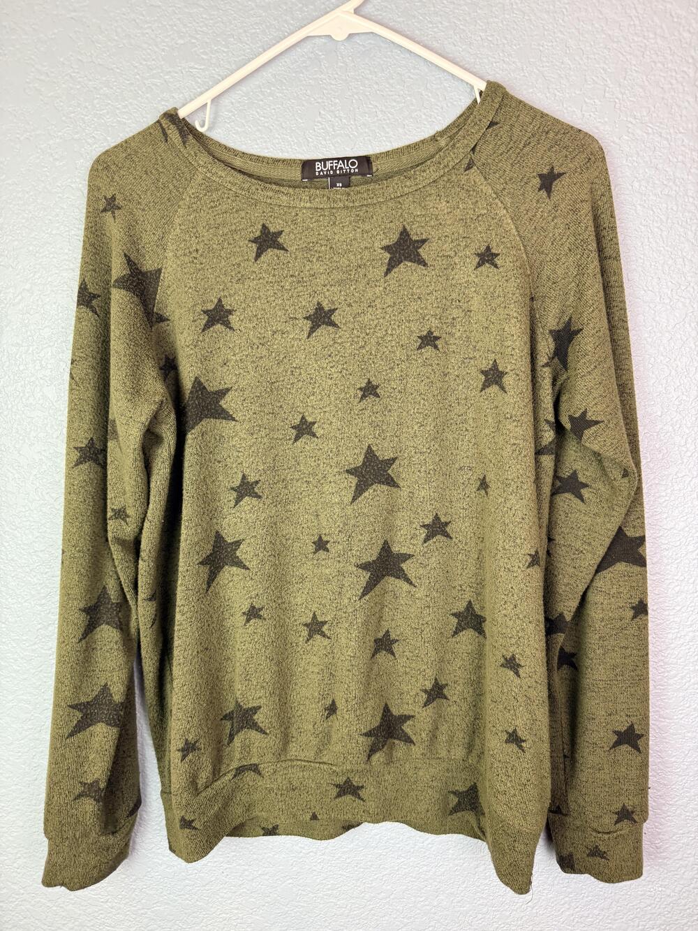 Buffalo David Bitton Sweater Womens XS Green Star Print Raglan Pullover Knit